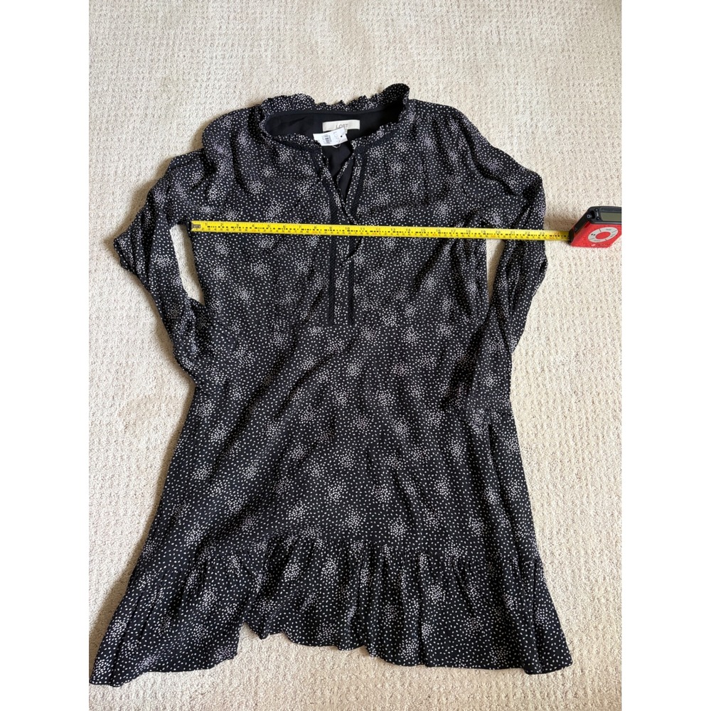 Loft‎ Womens Black White Dot Ruffle Neck Shift Dress Long Sleeve Size 14 NWT